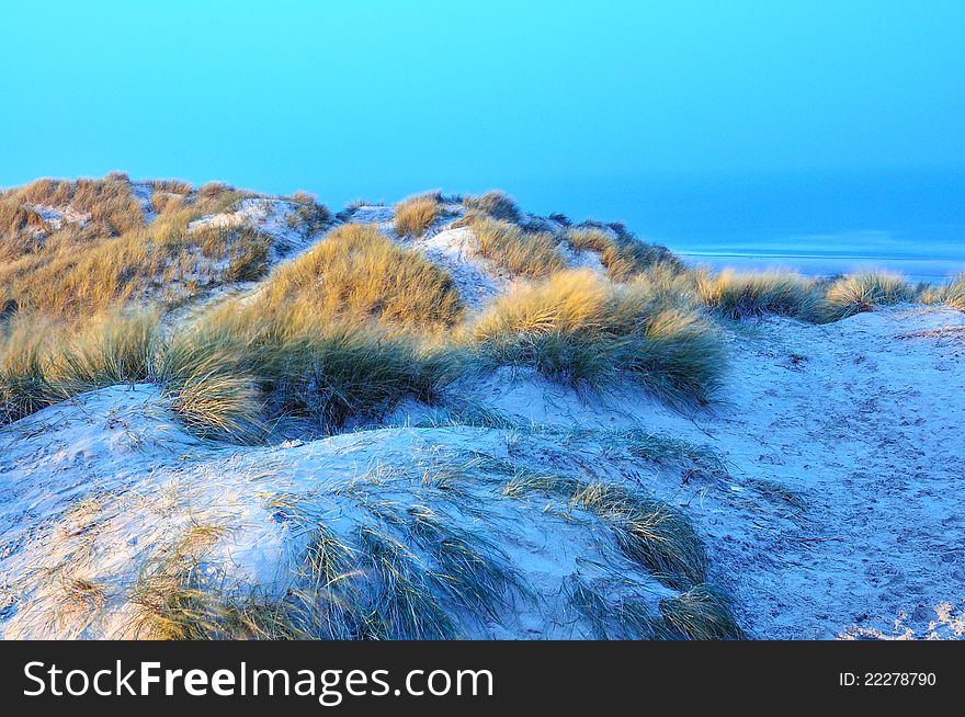 Fog over the sand dunes in Blokhus Denmark near the baech