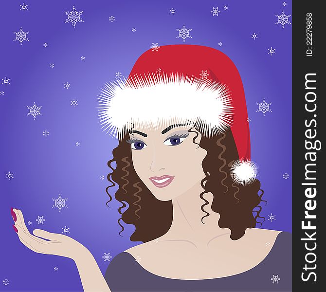 Beautiful vector illustration of winter girl in christmas hat. Beautiful vector illustration of winter girl in christmas hat