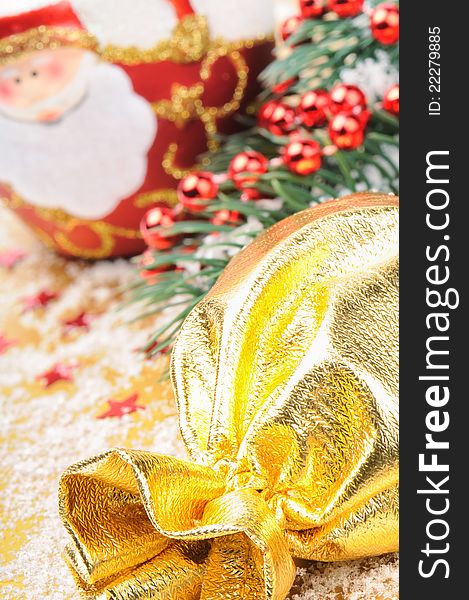 Christmas gift and festive decoration in red and golden tone