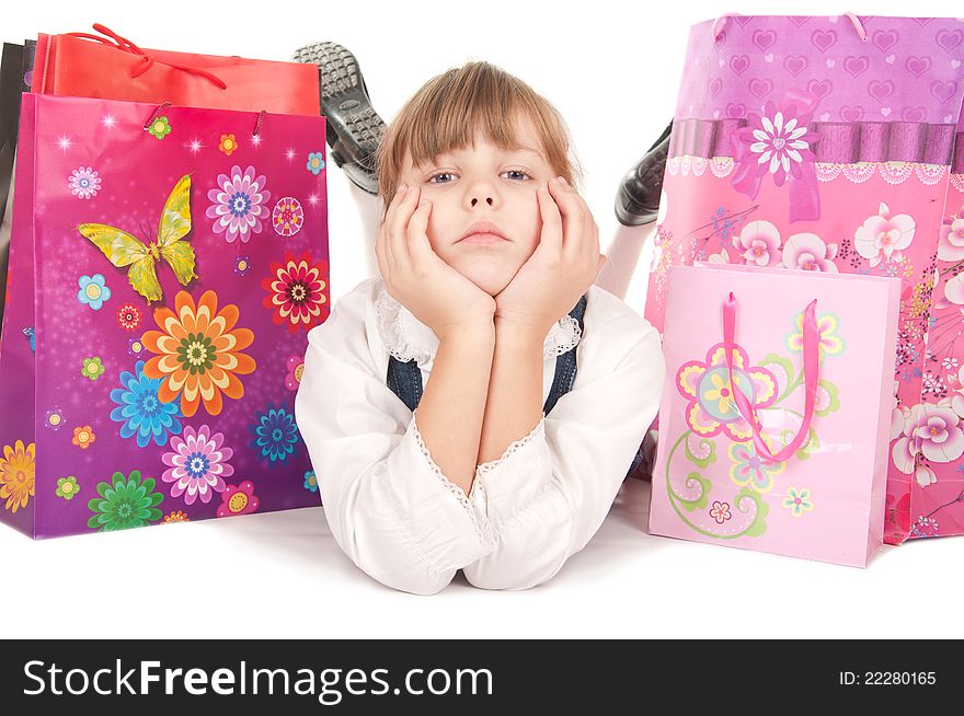 Picture of happy little girl with gift christmas box happy and smile. Isolated on the white background.