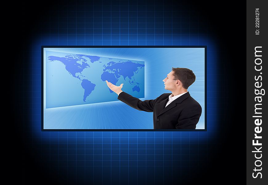 Future business solutions businessman with blue world map. Future business solutions businessman with blue world map
