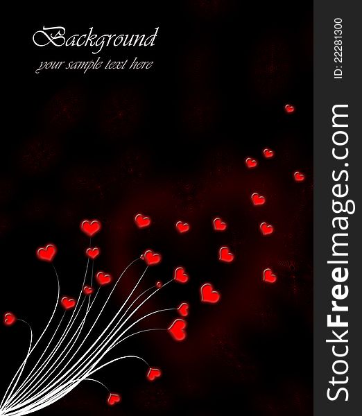 Valentine`s day card with red hearts on a black background