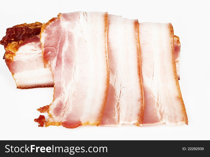 Smoked bacon with tasty sliced pork bacon on white background