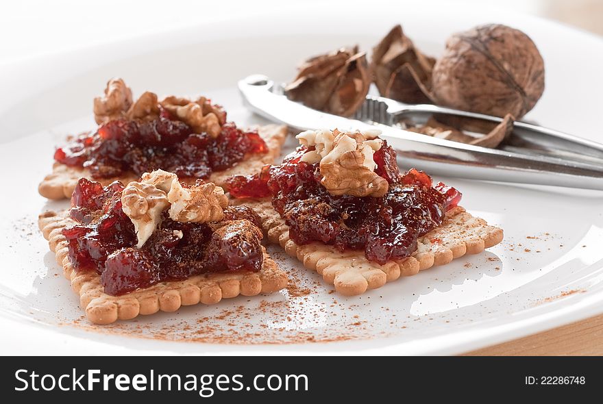 Meatless Food Cracker With Jam And Walnuts
