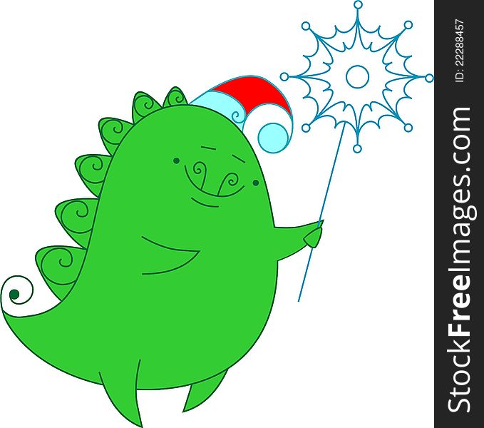Funny dragon with snowflake.Illustration. Funny dragon with snowflake.Illustration