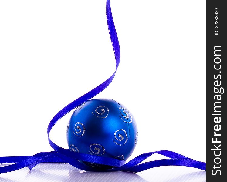 Blue bauble with the blue ribbon on the white background