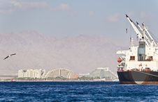 Resort Hotels And Cargo Ship In Eilat, Israel Stock Image