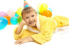 Little Boy In Dressing Gown Celebrates Birthday Royalty Free Stock Photos Little Boy In Dressing Gown Celebrates Birthday Royalty Free Stock Photos
