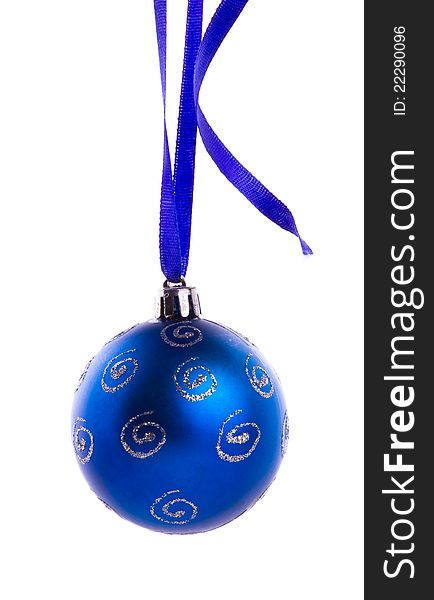 Blue bauble with the blue ribbon on the white background