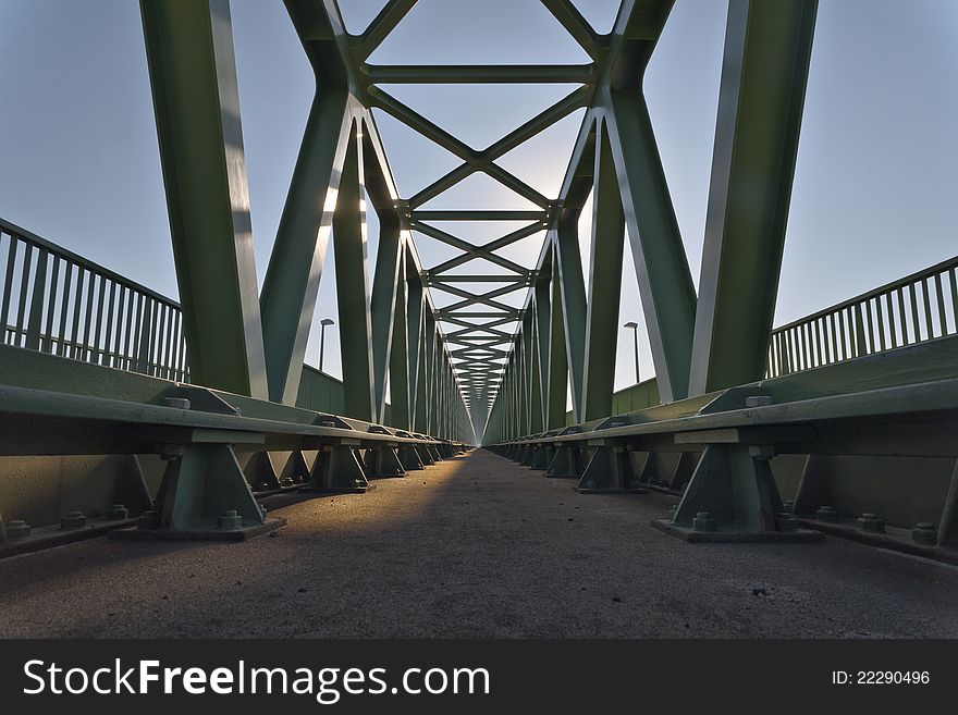 Railroad bridge details,  with symmetrical metal structure. Railroad bridge details,  with symmetrical metal structure