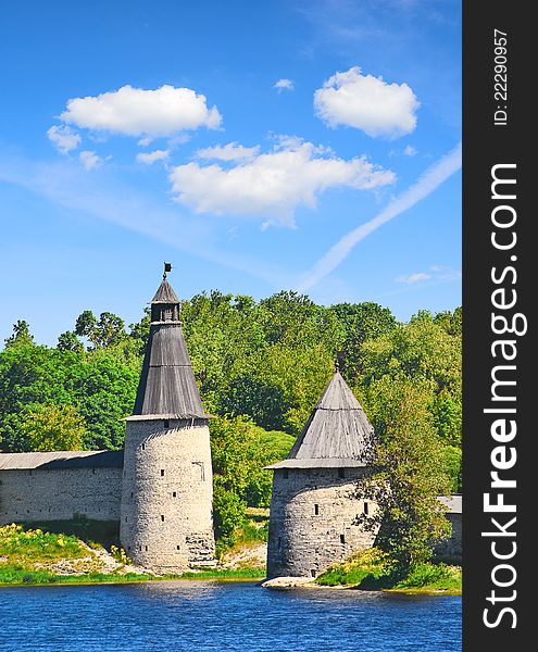 Old towers on the bank of the river Velikaya. City Of Pskov. Russia. Old towers on the bank of the river Velikaya. City Of Pskov. Russia