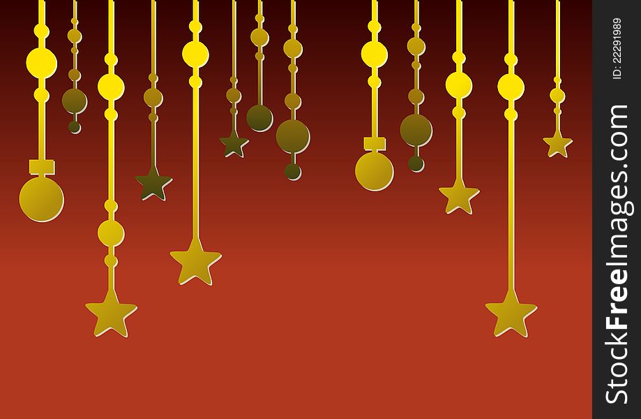 Abstract golden christmas ornaments, stars and baubles, on red background. Abstract golden christmas ornaments, stars and baubles, on red background