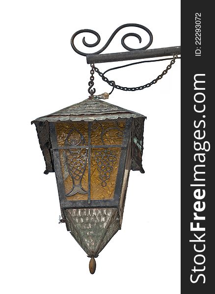 Old street hanging lantern, rusty and patinated, isolated on white. Old street hanging lantern, rusty and patinated, isolated on white