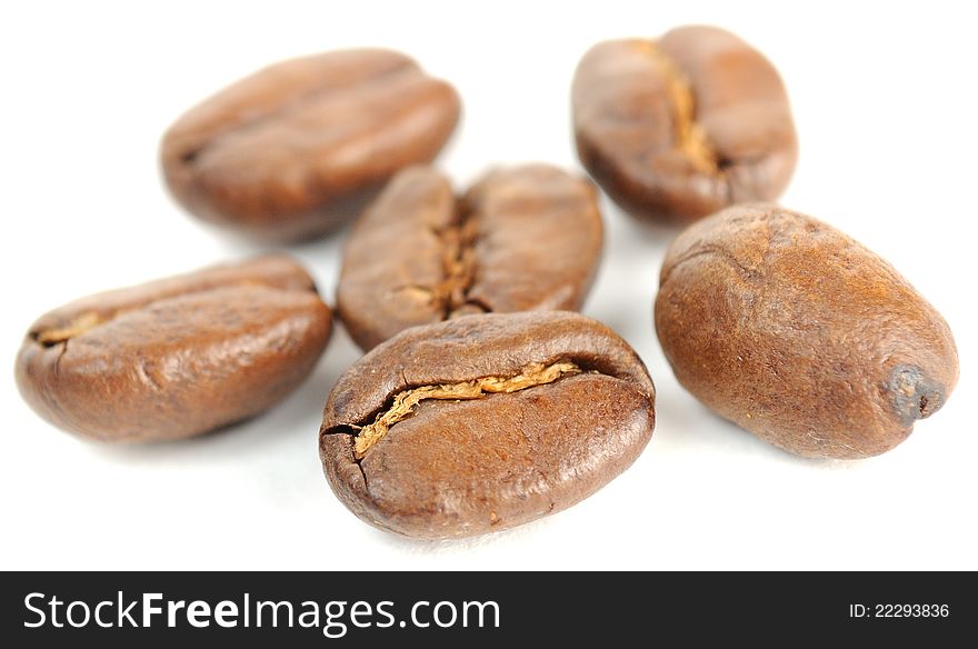 A close-up shot of six roasted coffee beans on a white background. A close-up shot of six roasted coffee beans on a white background