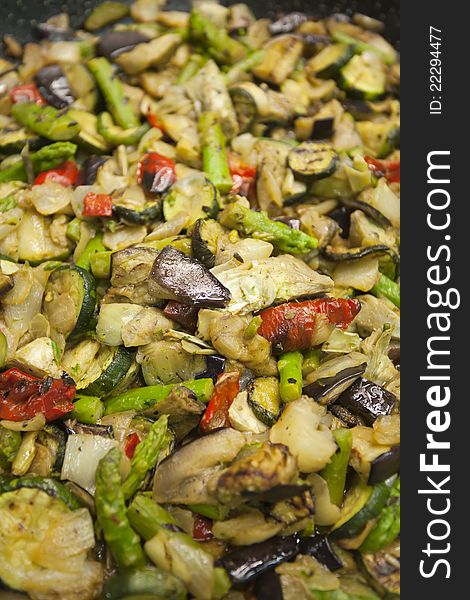 Vegetables sauteed with onions, peppers and zucchini meat. Vegetables sauteed with onions, peppers and zucchini meat