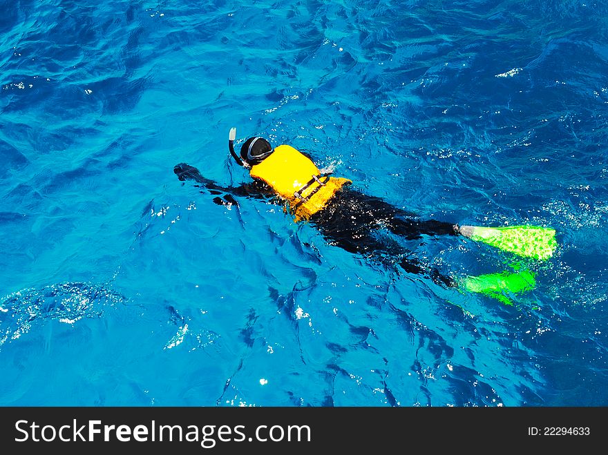 A snorkeller in clear ocean water. A snorkeller in clear ocean water