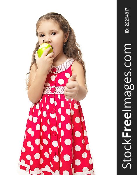 Little Beautiful Girl In Pink Clothes Green Apple