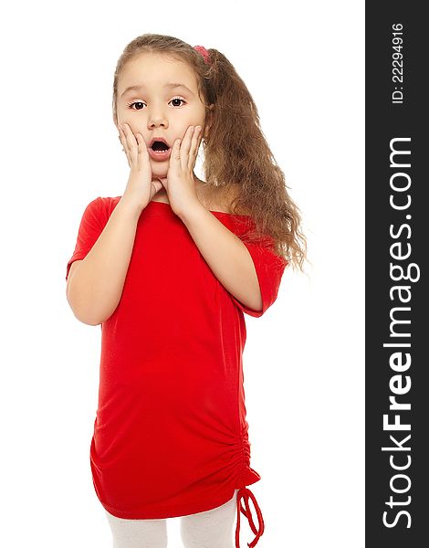 Portrait of pretty little surprised girl red dress