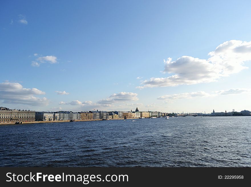 View of the Neva River and Palace Embankment in St.Petersburg, Russia.