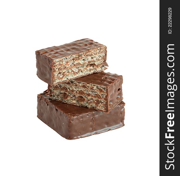 Waffle chocolate cake on white background. Isolated with clipping path