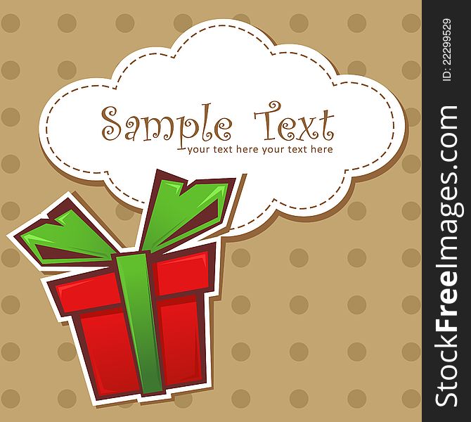 Present gift box with ribbon and text bubble on a dotted background