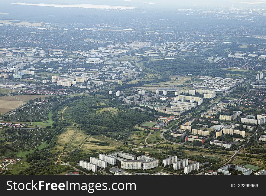 Town in Europe, view from a flying plane. Town in Europe, view from a flying plane