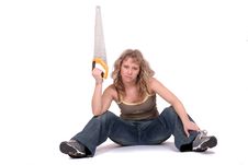 Woman Sitting With A Saw Stock Photography