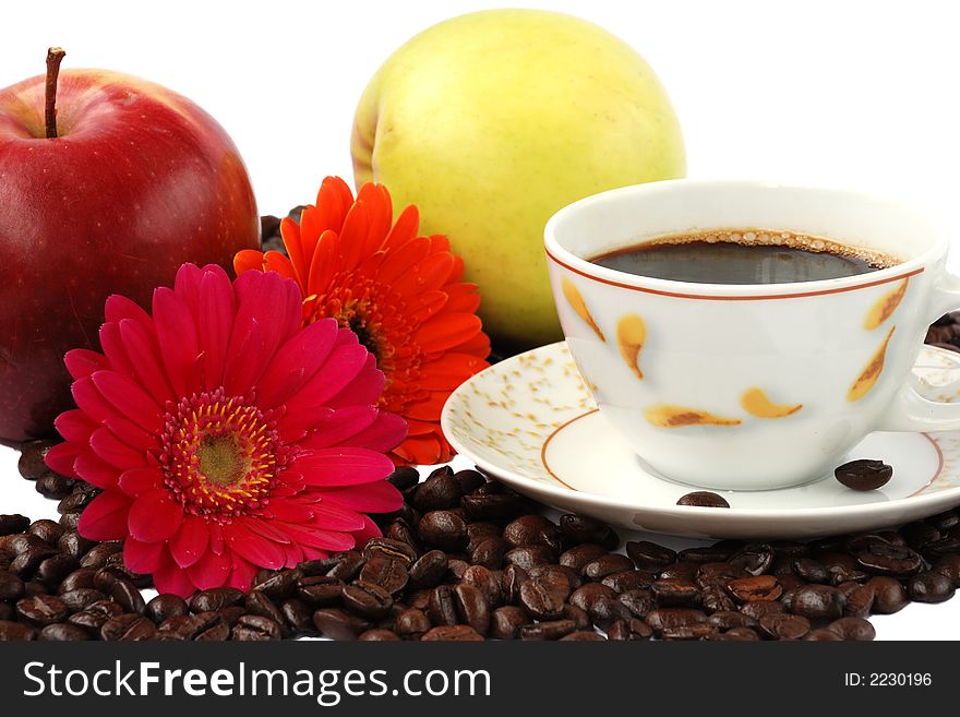 Apples, Gerberas with Coffe on white. Apples, Gerberas with Coffe on white