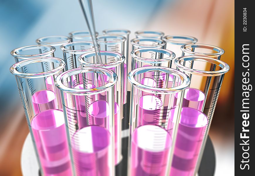 Circular rack of analysis test tubes, violet liquid. Circular rack of analysis test tubes, violet liquid