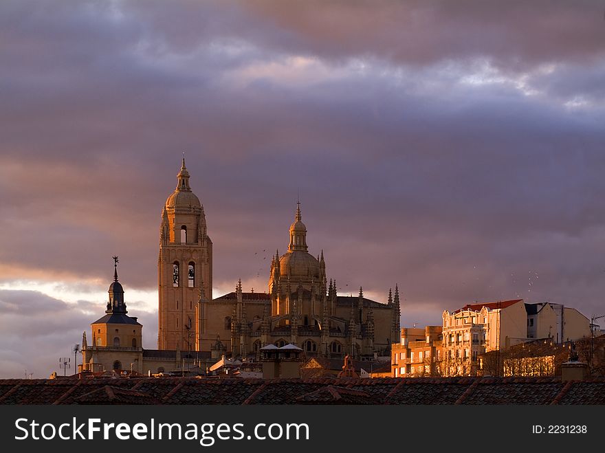 Cathedral in the city of Segovia while the sunset.