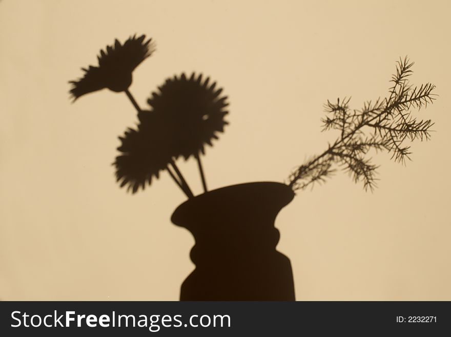 Shadow silhouettes of flowers in the vase on beige background. Shadow silhouettes of flowers in the vase on beige background