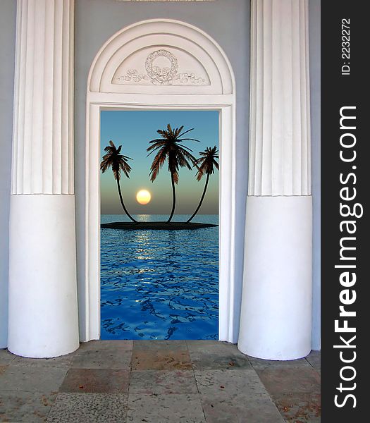 Sunset coconut palm trees in open door - digital artwork. Sunset coconut palm trees in open door - digital artwork.