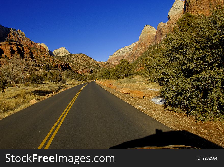 Driving in Zion National park in Southern Utah in the western United States.