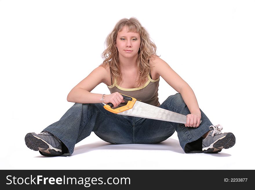 Woman Sitting  With A Saw