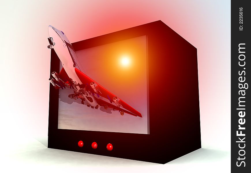 A image of a plane coming out of a television. A image of a plane coming out of a television.