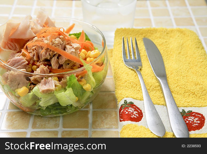 Healthy tuna and york salad on glass bowl. Healthy tuna and york salad on glass bowl