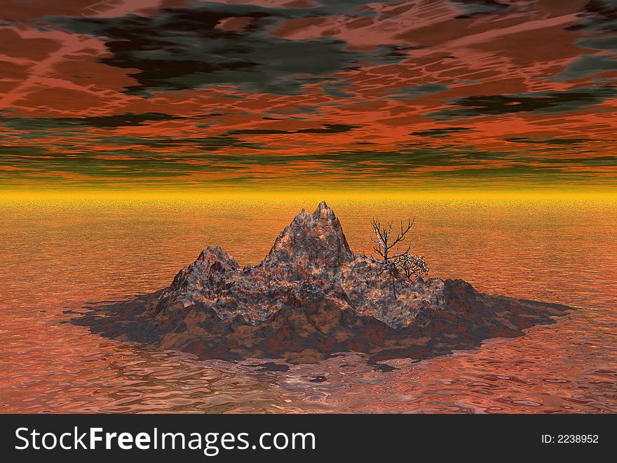 Rusty island in heavily polluted ocean - digital illustration. Rusty island in heavily polluted ocean - digital illustration