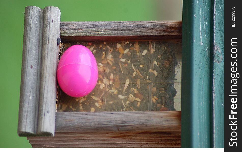 An easter egg hidden on the bird feeder. An easter egg hidden on the bird feeder