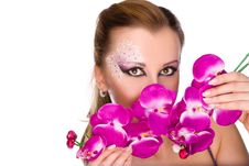 Professionally Madeup Girl With Orchids Stock Photos Professionally Madeup Girl With Orchids Stock Photos