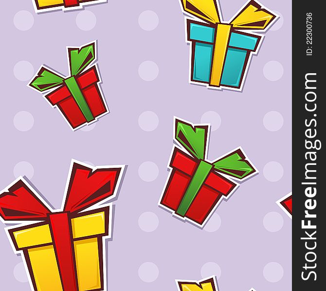 Seamless repeating pattern with colorful gift boxes and ribbons on a dotted background