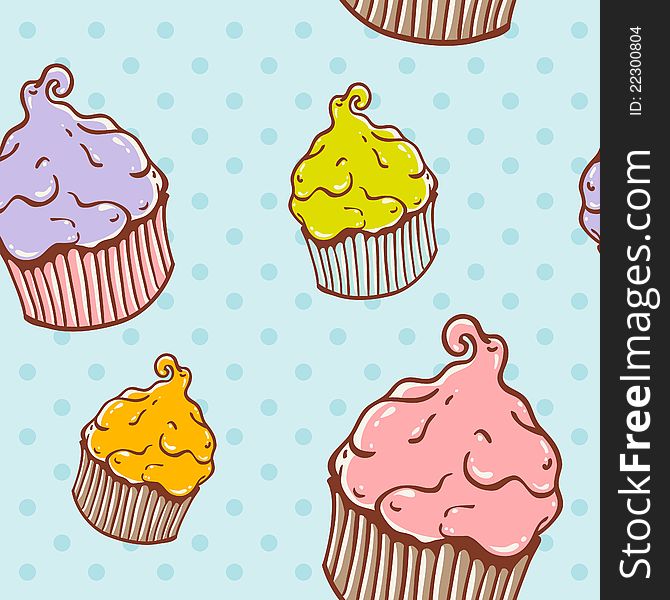 Cute vintage cupcake seamless texture with polka dot on the backdrop