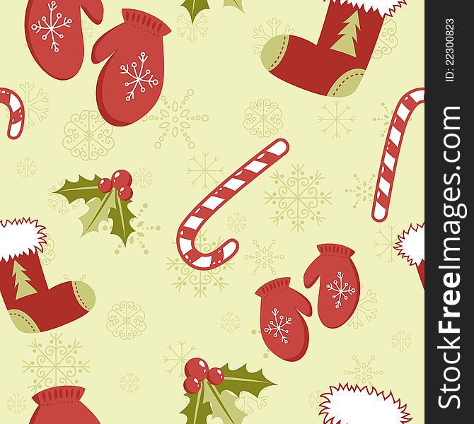 Seamless pattern with cute cartoon Christmas mittens, candy cane, holly berries and red stocking with xmas tree. Seamless pattern with cute cartoon Christmas mittens, candy cane, holly berries and red stocking with xmas tree