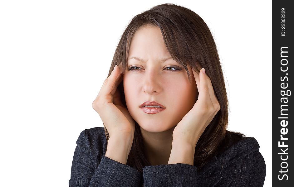 Beautiful business woman suffering from headache, isolated on white background