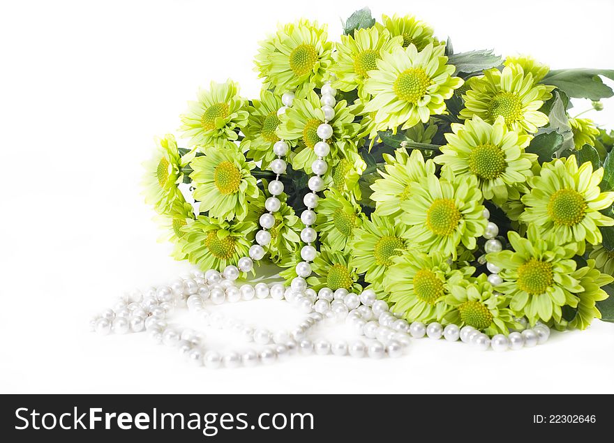 Bouquet of green chrysanthemums with Pearl necklace on a white background. Bouquet of green chrysanthemums with Pearl necklace on a white background