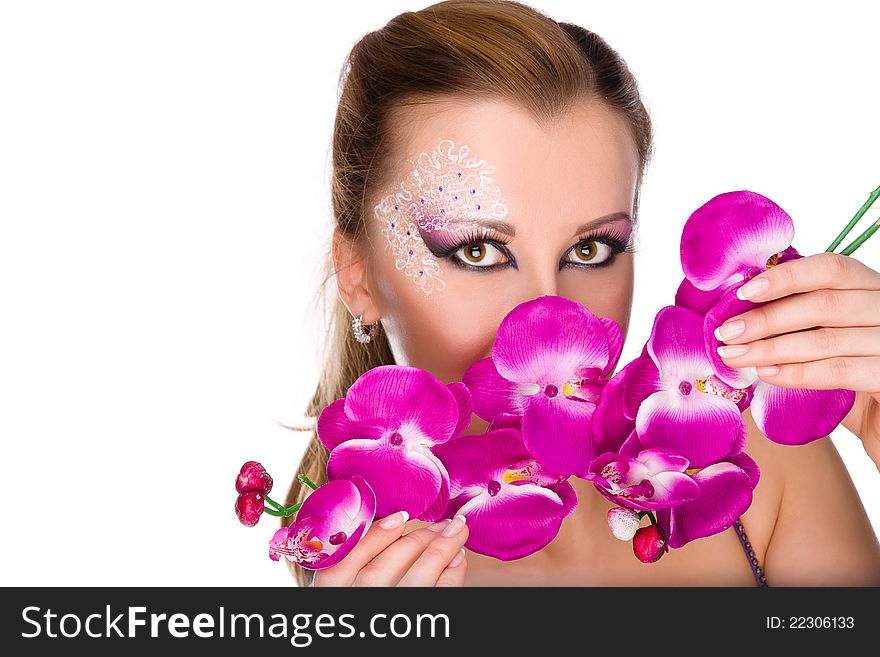 Professionally madeup girl with orchids