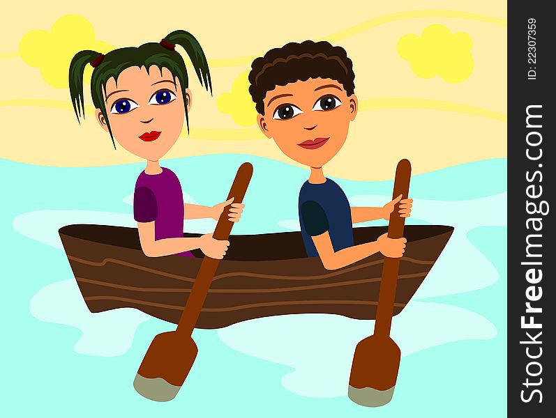 Illustration of two cute kids riding and paddling on a boat. Illustration of two cute kids riding and paddling on a boat