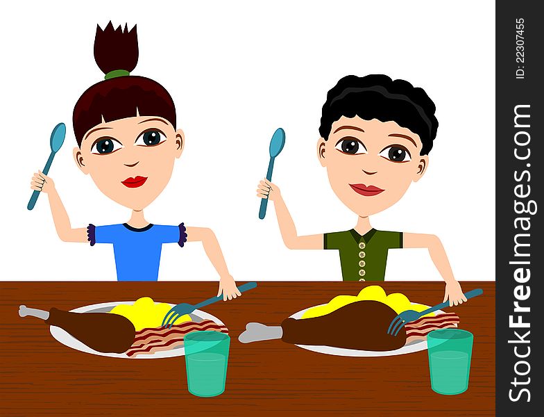 Illustration of two cute cartoon kids happily eating together. Illustration of two cute cartoon kids happily eating together