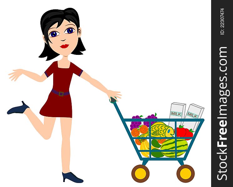 Illustration of a pretty young girl pushing a shopping cart. Illustration of a pretty young girl pushing a shopping cart