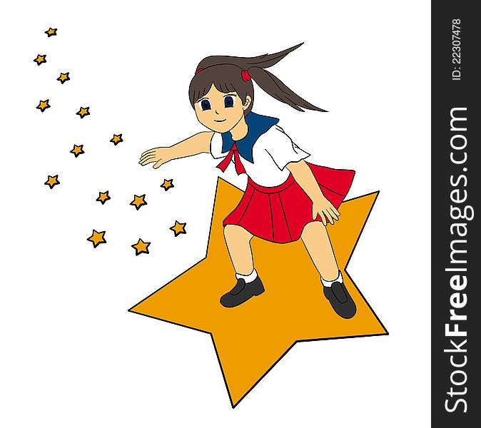 Illustration of a cute cartoon girl riding a flying star. Illustration of a cute cartoon girl riding a flying star