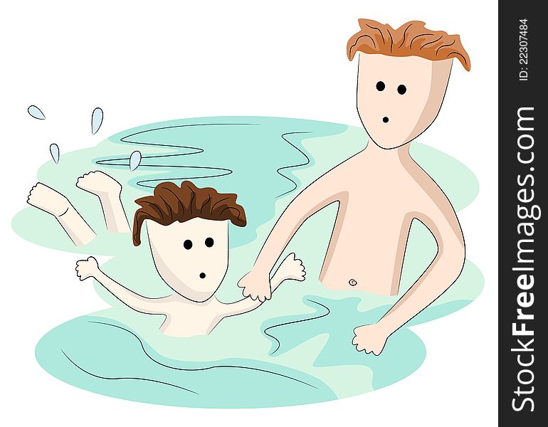 An abstract illustration of a father teaching his son to swim. An abstract illustration of a father teaching his son to swim